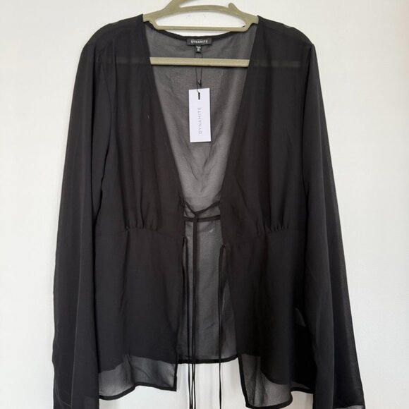 $50 Retail – Dynamite Jet Black Sheer Tie Front Blouse XL NWT - Picture 2 of 7